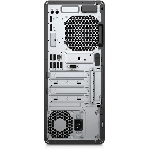 Vista posteriore del PC compatto HP EliteDesk 800 G5 SFF che mostra le uscite video DisplayPort, le porte USB, la connessione Ethernet e l'alimentatore, ideale per configurazioni multi-monitor.