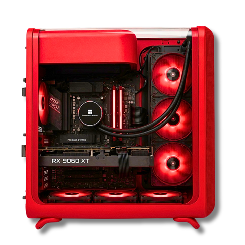 Vista ravvicinata dei componenti interni del computer da gioco Zendia Redshift, con focus sulla RAM DDR5 da 32 GB, SSD NVMe da 1 TB e sistema di ventilazione all'interno del case.