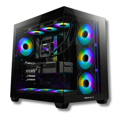 Vista interna del PC ZENDIA Sombrero: scheda video RTX 5070 12GB e processore Ryzen 7 9800X3D con raffreddamento liquido e illuminazione RGB.