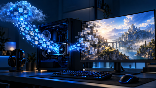 Illustrazione concettuale di shader precompilati inviati a un PC gaming per ridurre lo stutter
