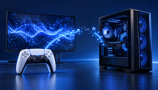 Illustrazione concettuale di un controller e un PC gaming collegati da un arco di luce blu, dedicata al progetto AnyPS5.