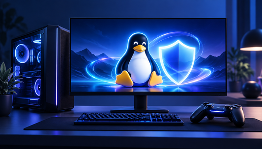 Illustrazione di un PC gaming con pinguino Linux e scudo di sicurezza sul monitor