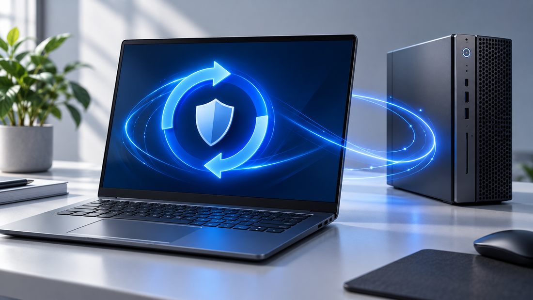 Illustrazione di notebook e desktop con simboli blu di aggiornamento e protezione