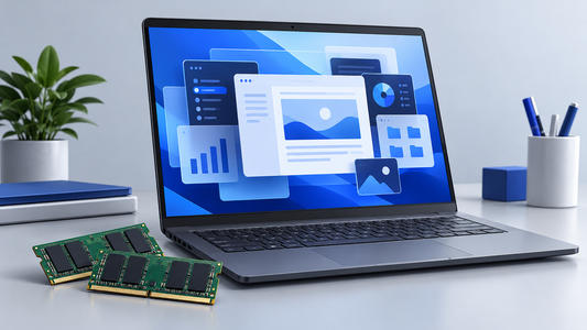 Illustrazione di un notebook da lavoro con finestre delle applicazioni e moduli di memoria RAM