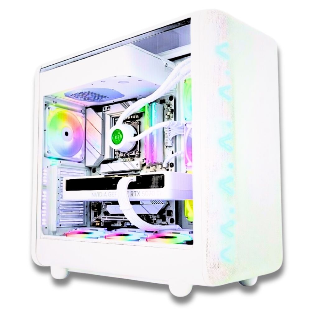 PC Gaming ZENDIA ZENITH con processore AMD Ryzen 7 9800X3D, scheda video NVIDIA RTX 5070 XT 16GB e illuminazione RGB.