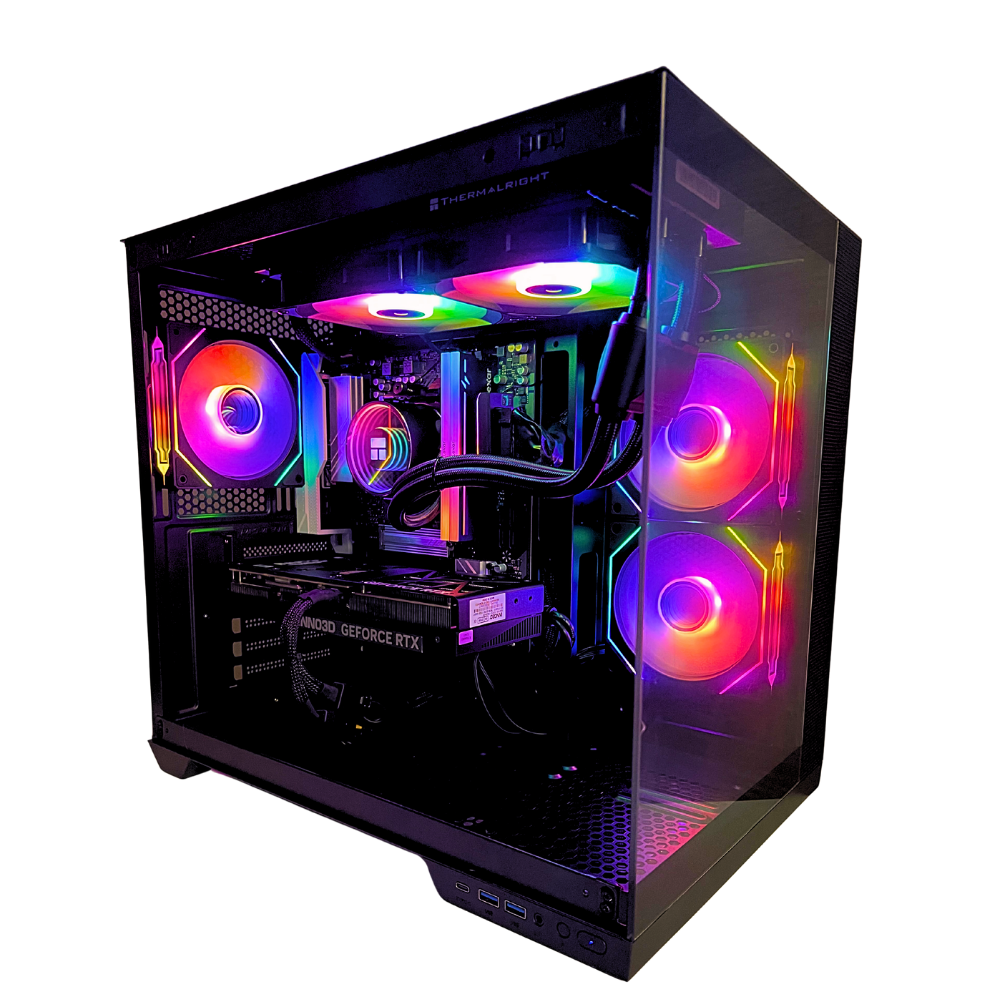 Primo piano dei componenti interni dello ZENDIA ALTAIR: scheda video Nvidia RTX 5060 8GB e sistema di raffreddamento a liquido da 240mm installato