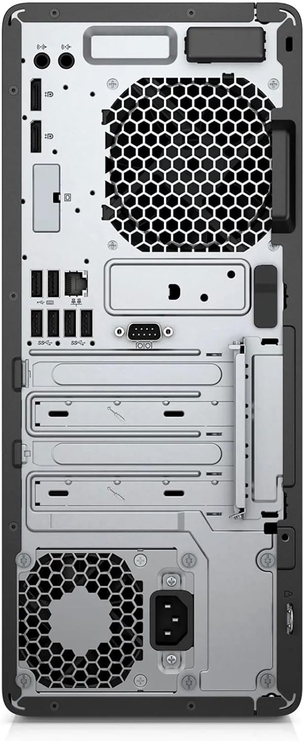Vista posteriore del PC compatto HP EliteDesk 800 G5 SFF che mostra le uscite video DisplayPort, le porte USB, la connessione Ethernet e l'alimentatore, ideale per configurazioni multi-monitor.