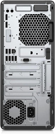 Vista posteriore del PC compatto HP EliteDesk 800 G5 SFF che mostra le uscite video DisplayPort, le porte USB, la connessione Ethernet e l'alimentatore, ideale per configurazioni multi-monitor.