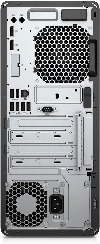 Vista posteriore del PC compatto HP EliteDesk 800 G5 SFF che mostra le uscite video DisplayPort, le porte USB, la connessione Ethernet e l'alimentatore, ideale per configurazioni multi-monitor.