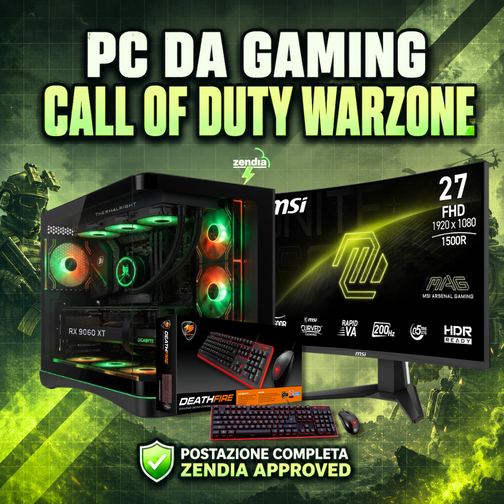 Postazione PC gaming per Call Of Duty Warzone completa Zendia con scheda video RX 9060 XT da 16 GB, monitor da 27 pollici QHD 165Hz e tastiera RGB