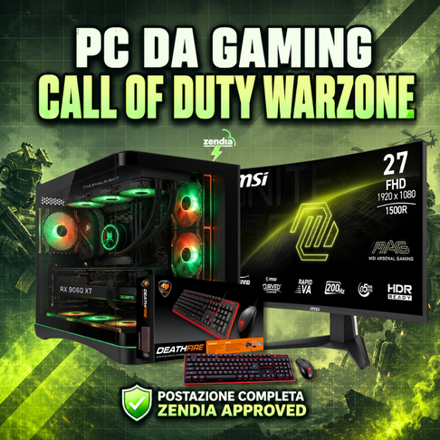 Postazione PC gaming per Call Of Duty Warzone completa Zendia con scheda video RX 9060 XT da 16 GB, monitor da 27 pollici QHD 165Hz e tastiera RGB