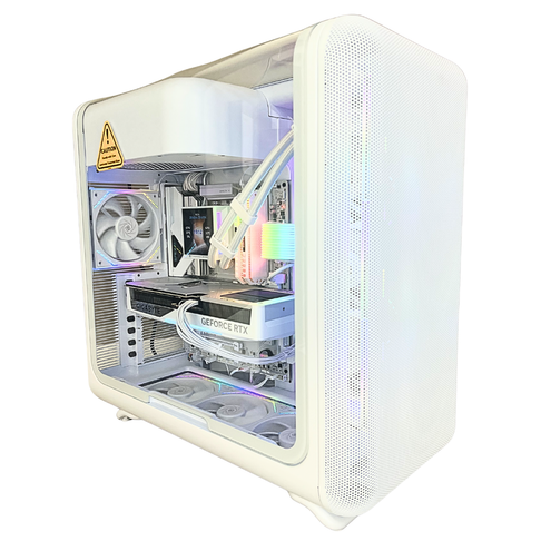 Foto reale del PC Gaming Zendia Zenith visto di fianco con pannello trasparente. Configurazione con processore AMD Ryzen 7 9800X3D, scheda video Nvidia RTX 5070 Ti da 16 GB, dissipatore a liquido da 360 mm e memorie RAM DDR5 illuminate