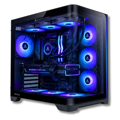 Computer desktop da gioco Zendia Cosmic Ray con ventole illuminate di blu, configurazione gaming con grafica AMD RX 9060 XT 16 GB, processore Ryzen 7 e SSD NVMe da 1 TB per prestazioni veloci.