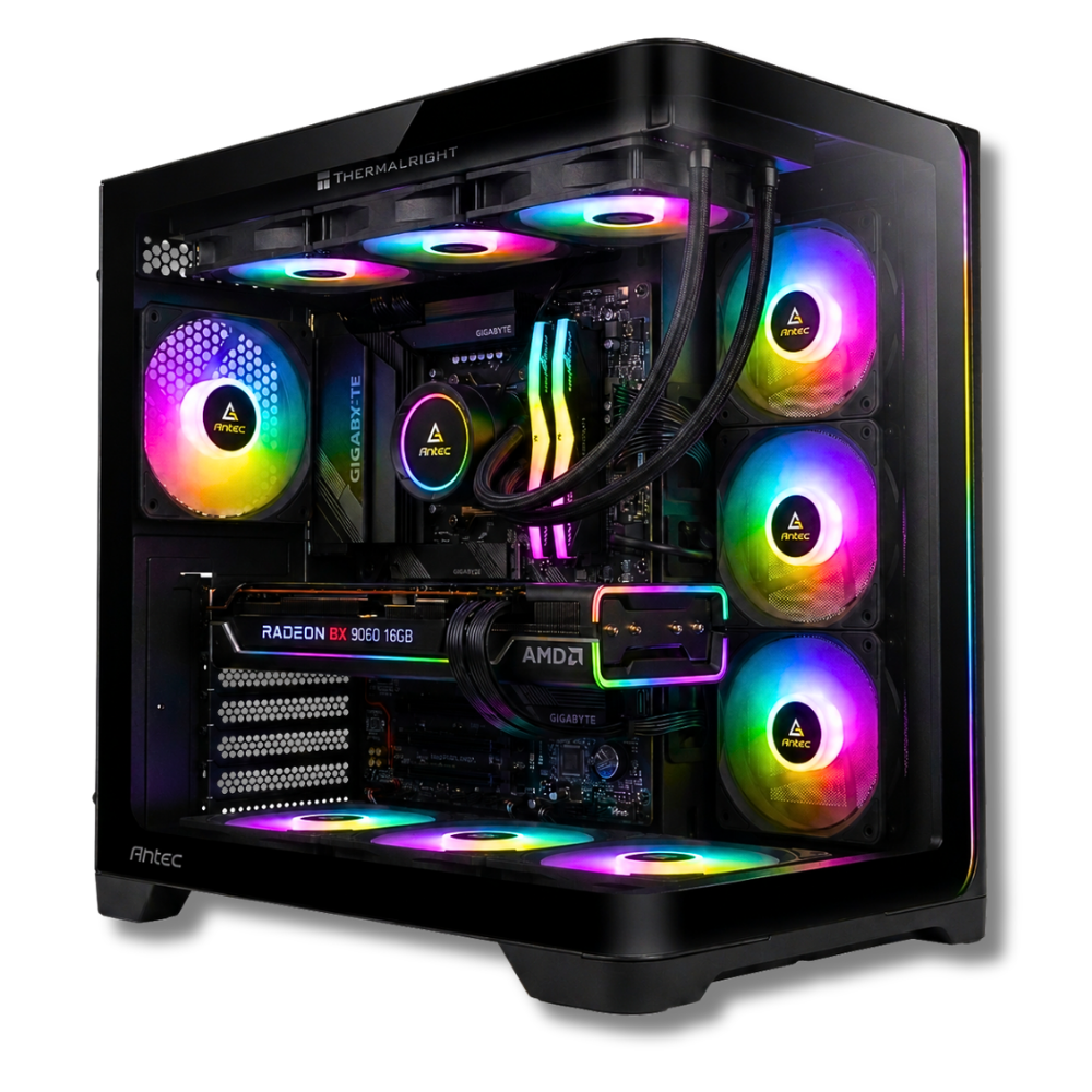 PC Gaming Zendia Cosmic Ray con illuminazione LED RGB multicolor, processore AMD Ryzen 7 7700, scheda video AMD Radeon RX 9060 XT da 16 GB e 32 GB di RAM DDR5 in evidenza