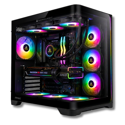PC Gaming Zendia Cosmic Ray con illuminazione LED RGB multicolor, processore AMD Ryzen 7 7700, scheda video AMD Radeon RX 9060 XT da 16 GB e 32 GB di RAM DDR5 in evidenza