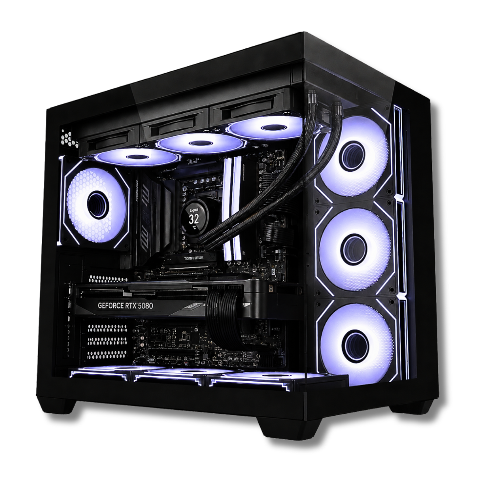 PC Gaming high-end Zendia Dragonfly con illuminazione a LED bianchi, configurazione con scheda video Nvidia RTX 5080 da 16 GB, processore AMD Ryzen 7 7800X3D e SSD NVMe da 2 TB, visibile dal pannello in vetro.