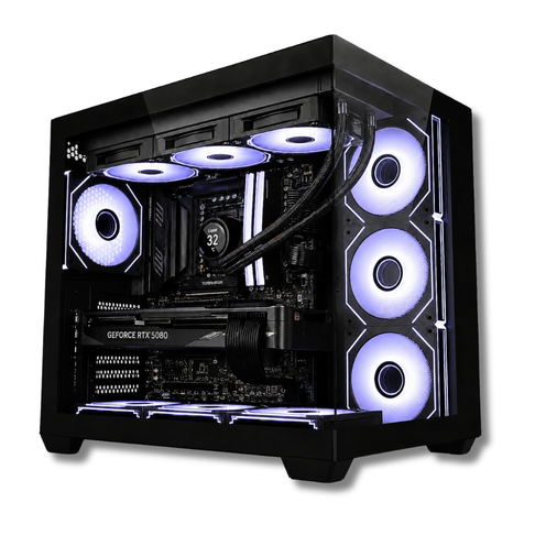 PC Gaming high-end Zendia Dragonfly con illuminazione a LED bianchi, configurazione con scheda video Nvidia RTX 5080 da 16 GB, processore AMD Ryzen 7 7800X3D e SSD NVMe da 2 TB, visibile dal pannello in vetro.