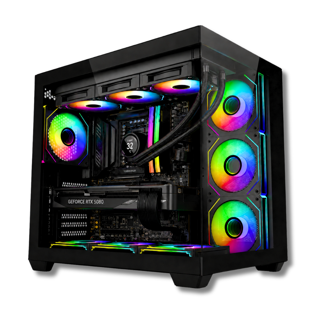 Computer desktop da gioco Zendia Dragonfly con ventole RGB multicolor, equipaggiato con grafica di ultima generazione Nvidia RTX 5080, fino a 64 GB di RAM DDR5 e case da gaming personalizzabile.