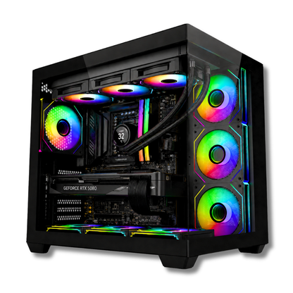 Computer desktop da gioco Zendia Dragonfly con ventole RGB multicolor, equipaggiato con grafica di ultima generazione Nvidia RTX 5080, fino a 64 GB di RAM DDR5 e case da gaming personalizzabile.