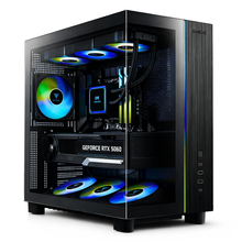 PC Gaming Zendia Europa equipaggiato con processore AMD Ryzen 5 7600X, scheda video Nvidia RTX 5060 da 8 GB e sistema di raffreddamento a liquido da 360 mm. Vista frontale del computer desktop da gioco con illuminazione RGB attiva