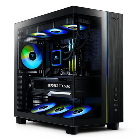 PC Gaming Zendia Europa equipaggiato con processore AMD Ryzen 5 7600X, scheda video Nvidia RTX 5060 da 8 GB e sistema di raffreddamento a liquido da 360 mm. Vista frontale del computer desktop da gioco con illuminazione RGB attiva