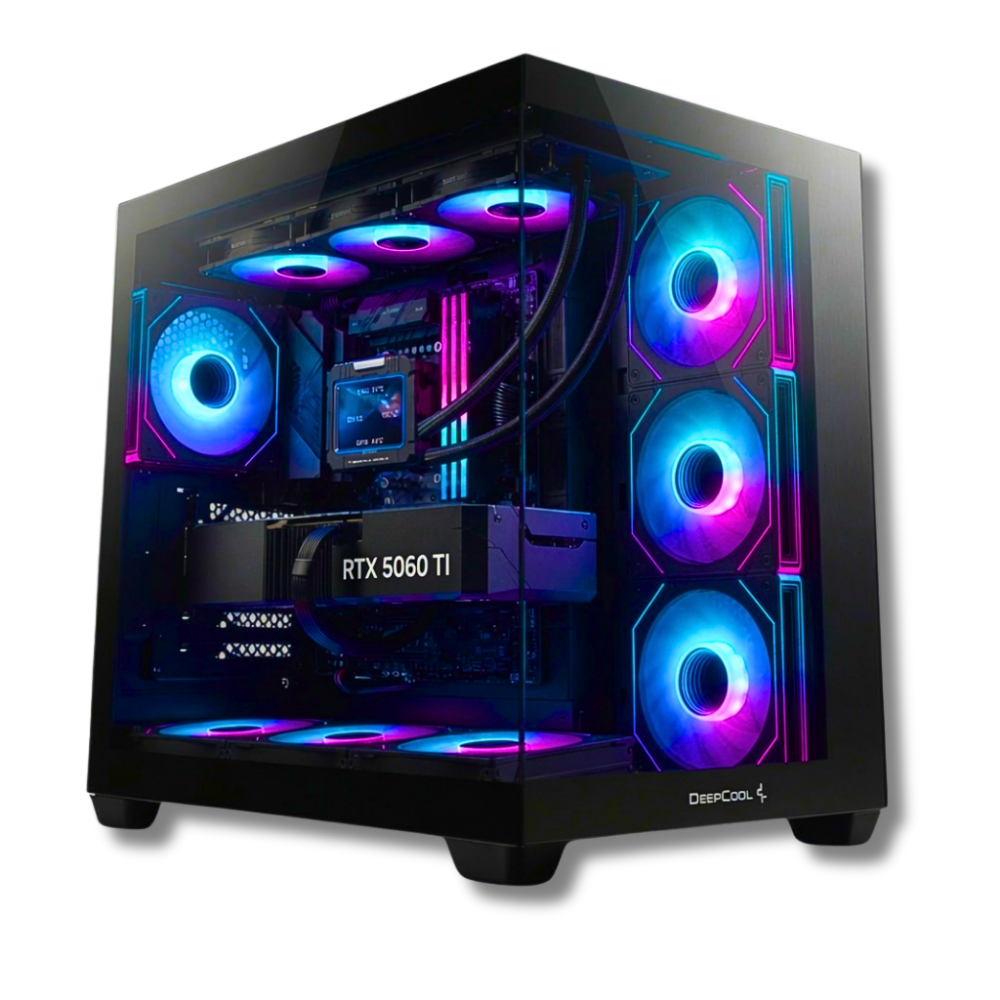 Computer desktop da gioco Zendia Eventide illuminato di blu, configurazione hardware di ultima generazione con grafica Nvidia RTX 5060 Ti 16 GB, SSD NVMe da 1 TB e case con pannello laterale in vetro trasparente.
