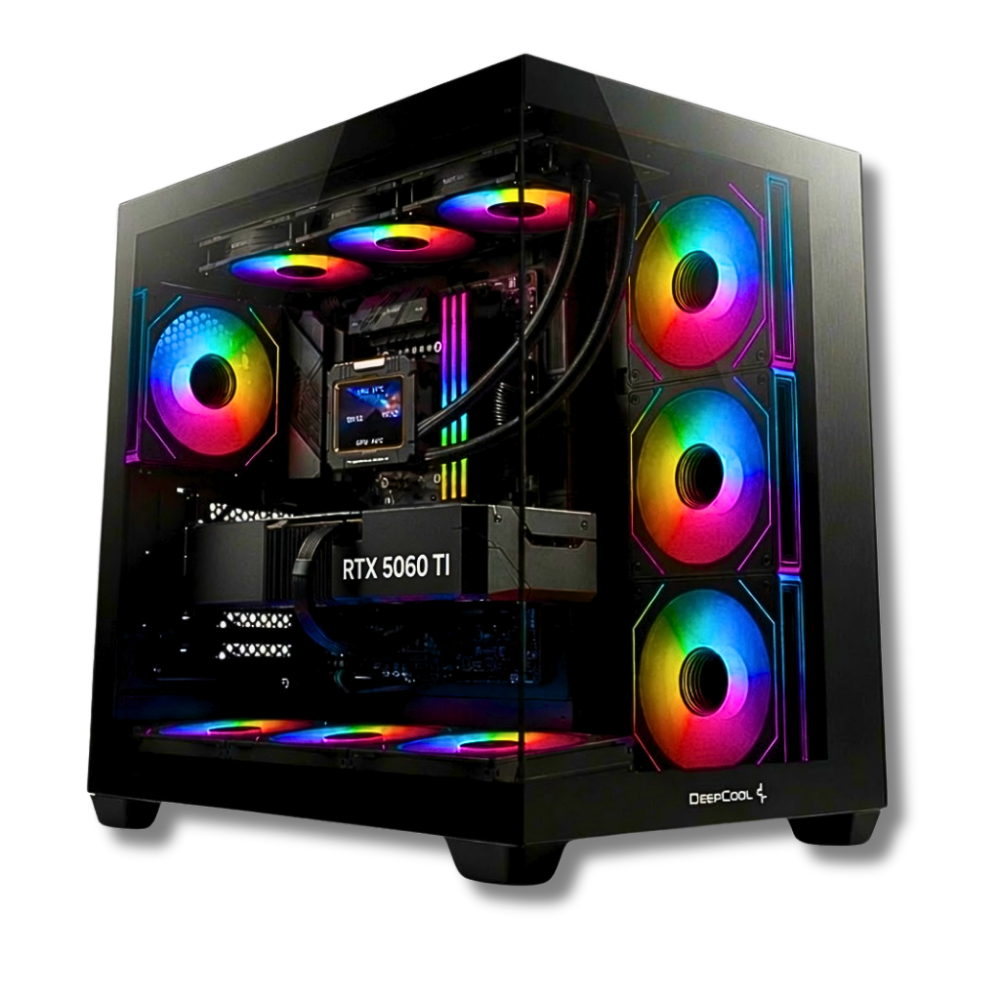 PC Gaming Zendia Eventide in vendita con illuminazione LED RGB multicolor, equipaggiato con processore AMD Ryzen 7 9800X3D, scheda video Nvidia RTX 5060 Ti da 16 GB e 32 GB di RAM DDR5 ad alte prestazioni.