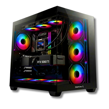 PC Gaming Zendia Eventide in vendita con illuminazione LED RGB multicolor, equipaggiato con processore AMD Ryzen 7 9800X3D, scheda video Nvidia RTX 5060 Ti da 16 GB e 32 GB di RAM DDR5 ad alte prestazioni.