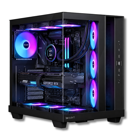 Computer desktop da gioco high-end Zendia Fornax con ventole illuminate di blu, configurazione top di gamma con grafica Nvidia RTX 5070 Ti, SSD NVMe da 2 TB e componentistica visibile dal pannello in vetro.