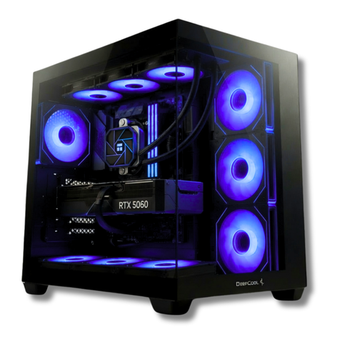 Case da gaming Zendia Heliosphere con sistema di illuminazione a LED blu intenso attivo, ideale per postazioni da gioco moderne, con componenti hardware di ultima generazione visibili dal pannello trasparente.