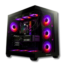 PC Gaming Zendia Heliosphere con illuminazione LED bicolore viola e rossa, equipaggiato con processore AMD Ryzen 7 7800X3D, scheda video Nvidia RTX 5060 da 8 GB e 32 GB di RAM DDR5 a vista.