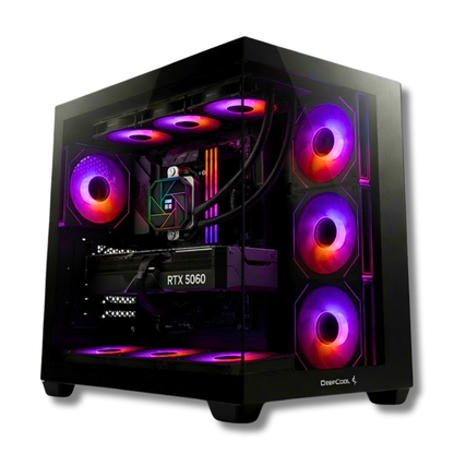 PC Gaming Zendia Heliosphere con illuminazione LED bicolore viola e rossa, equipaggiato con processore AMD Ryzen 7 7800X3D, scheda video Nvidia RTX 5060 da 8 GB e 32 GB di RAM DDR5 a vista.