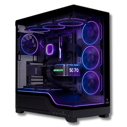 PC Gaming Zendia Jupiter con processore AMD Ryzen 5 5600X, scheda video Nvidia RTX 5070 da 12 GB e sistema di raffreddamento a liquido da 360 mm. Vista frontale con illuminazione RGB blu viola