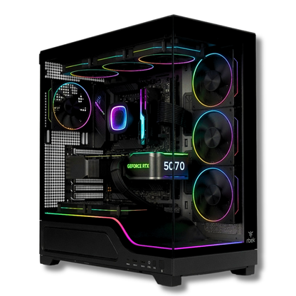 PC Gaming Zendia Jupiter con processore AMD Ryzen 5 5600X, scheda video Nvidia RTX 5070 da 12 GB e sistema di raffreddamento a liquido da 360 mm. Vista frontale con illuminazione RGB.