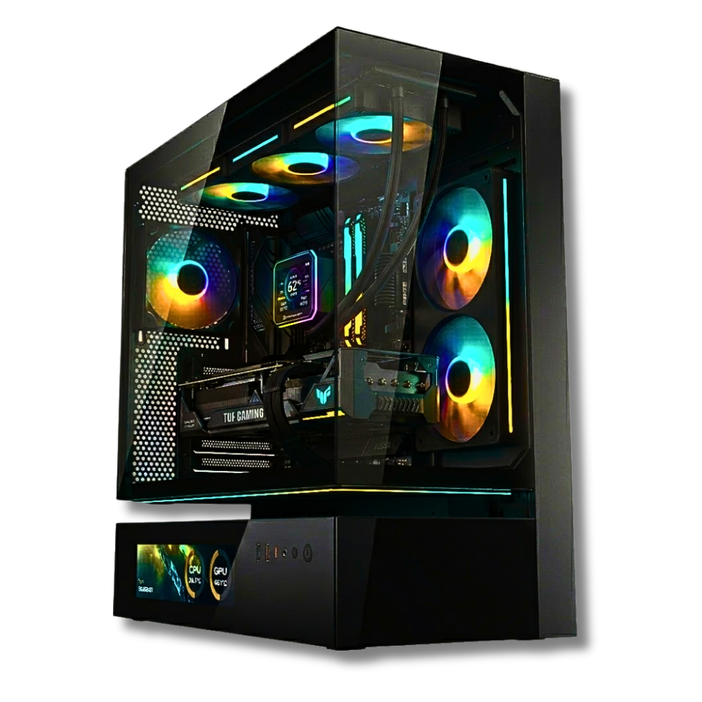PC Gaming Zendia Lagrange con illuminazione a LED verdi, equipaggiato con processore AMD Ryzen 7 9800X3D, scheda video AMD Radeon RX 9060 XT da 16 GB e 32 GB di RAM DDR5