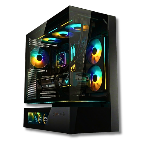 PC Gaming Zendia Lagrange con illuminazione a LED verdi, equipaggiato con processore AMD Ryzen 7 9800X3D, scheda video AMD Radeon RX 9060 XT da 16 GB e 32 GB di RAM DDR5