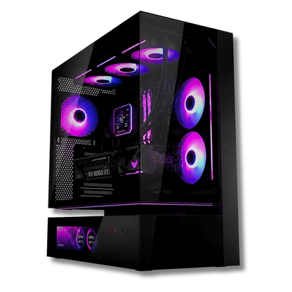 Computer desktop da gioco Zendia Lagrange con ventole illuminate di viola, configurazione ad alte prestazioni con CPU Ryzen 7 9800X3D, SSD NVMe da 1 TB e componentistica visibile attraverso il pannello trasparente.