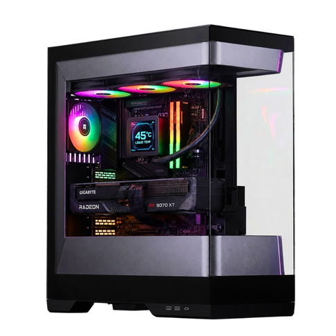 Computer desktop da gioco Zendia Lynx illuminato di arancione, configurazione ad alte prestazioni con grafica AMD RX 9070 XT 16 GB, SSD NVMe da 1 TB e sistema di ventilazione con effetto luce calda.