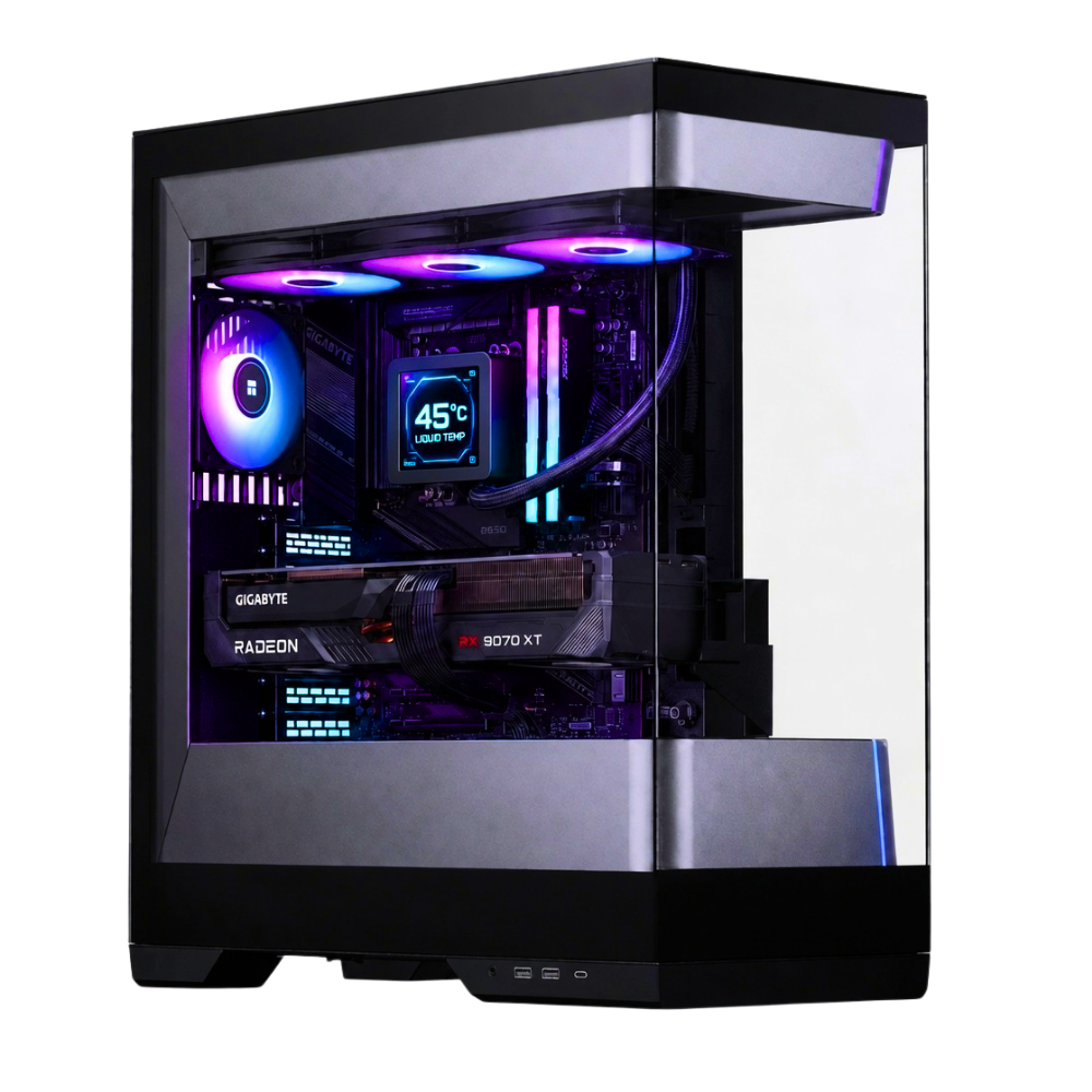 PC Gaming Zendia Lynx con illuminazione LED viola personalizzata, equipaggiato con processore AMD Ryzen 7 7700, potente scheda video AMD Radeon RX 9070 XT da 16 GB e 32 GB di RAM DDR5