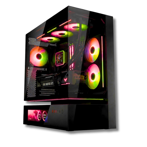 PC Gaming Zendia Maelstrom con illuminazione interna rossa, processore Intel Core i7-14700K, scheda video AMD Radeon RX 9070 XT da 16 GB e 32 GB di RAM DDR5 a vista.