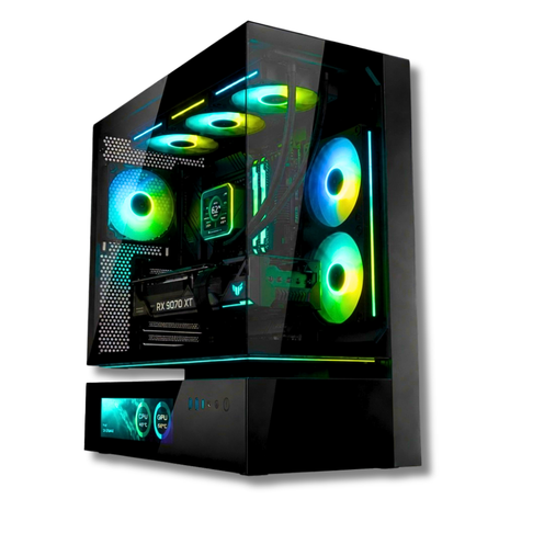 Computer desktop da gioco Zendia Maelstrom illuminato con LED verdi, configurazione high-end con grafica AMD RX 9070 XT, CPU i7, e SSD NVMe da 1 TB per caricamenti ultra-rapidi.