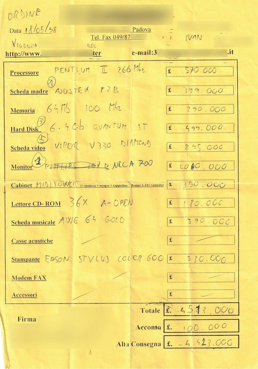 Foglio d’ordine originale di un PC assemblato su misura, datato 18 maggio 1998: Pentium II 266 MHz, 64 MB di RAM, hard disk 6,4 GB
