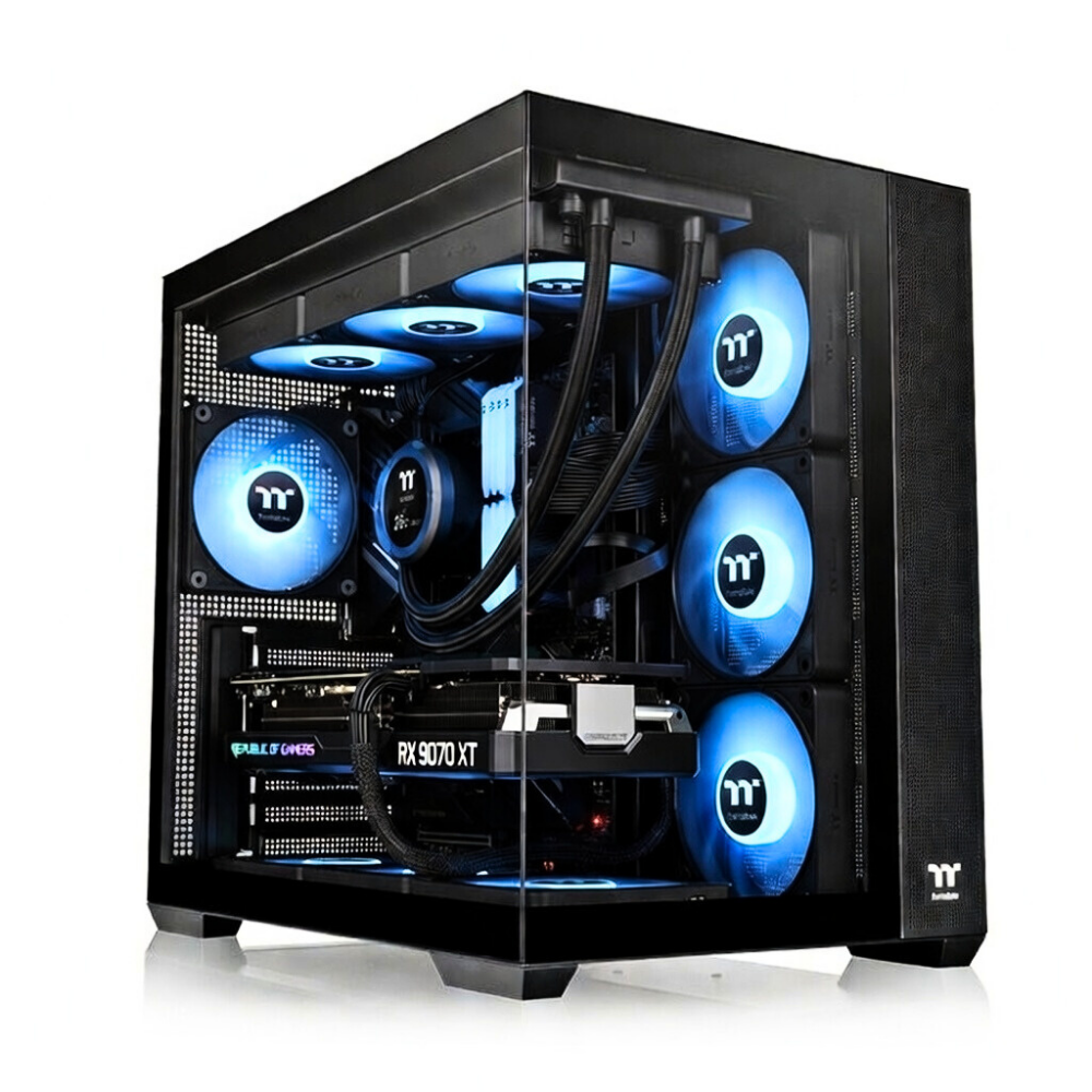 Computer desktop da gioco Zendia Orion con ventole e componenti illuminati di blu, dotato di 32 GB RAM DDR5, SSD NVMe da 1 TB e sistema di raffreddamento a liquido avanzato, visto di lato.
