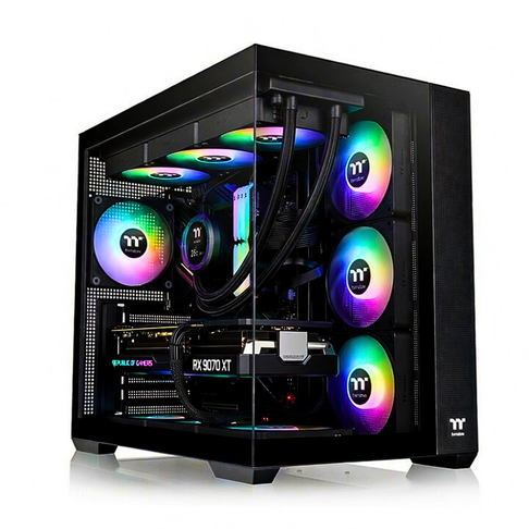PC Gaming Zendia Orion con illuminazione LED RGB multicolor effetto arcobaleno, processore AMD Ryzen 9 9950X3D, scheda video AMD Radeon RX 9070 XT da 16 GB e dissipatore a liquido da 360 mm.
