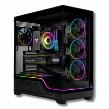 PC Gaming Zendia Prometheus in versione base dissipatore ad aria rgb multicolor, con processore Intel Core i7-14700K, scheda video Nvidia RTX 3060 da 12 GB e Windows 11 Pro. Vista laterale del case nero con componenti illuminati da LED RGB.