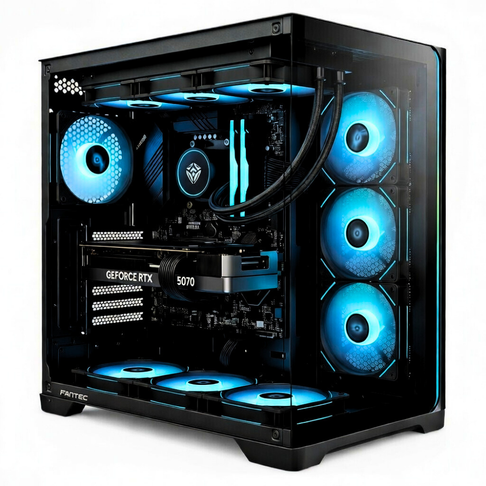 PC Gaming Zendia Quasar con illuminazione LED RGB blu, processore Intel i7-14700K, scheda video Nvidia RTX 5070 da 12 GB e dissipatore a liquido da 360 mm a vista attraverso il pannello laterale in vetro temperato.