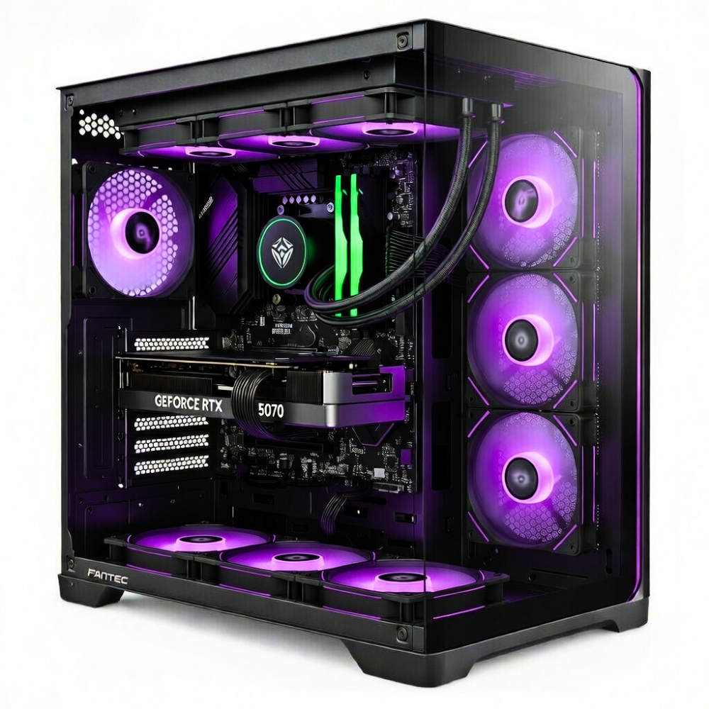 Computer desktop da gioco Zendia Quasar illuminato di viola con ventole RGB, RAM DDR5 da 32 GB e SSD NVMe da 1 TB, mostrato in una configurazione desktop pulita e moderna