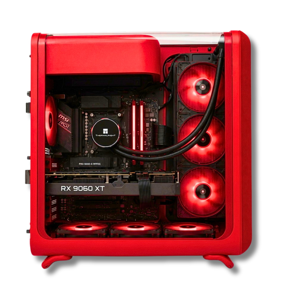 Vista ravvicinata dei componenti interni del computer da gioco Zendia Redshift, con focus sulla RAM DDR5 da 32 GB, SSD NVMe da 1 TB e sistema di ventilazione all'interno del case.