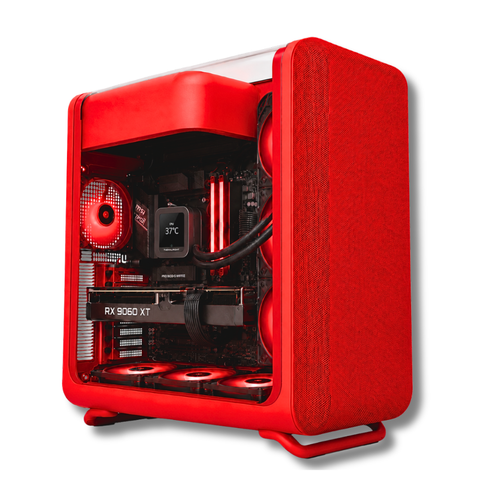 PC Gaming Zendia Redshift con processore AMD Ryzen 7 7800X3D e scheda video AMD Radeon RX 9060 XT da 16 GB, mostrato nella sua configurazione desktop completa con illuminazione LED attiva