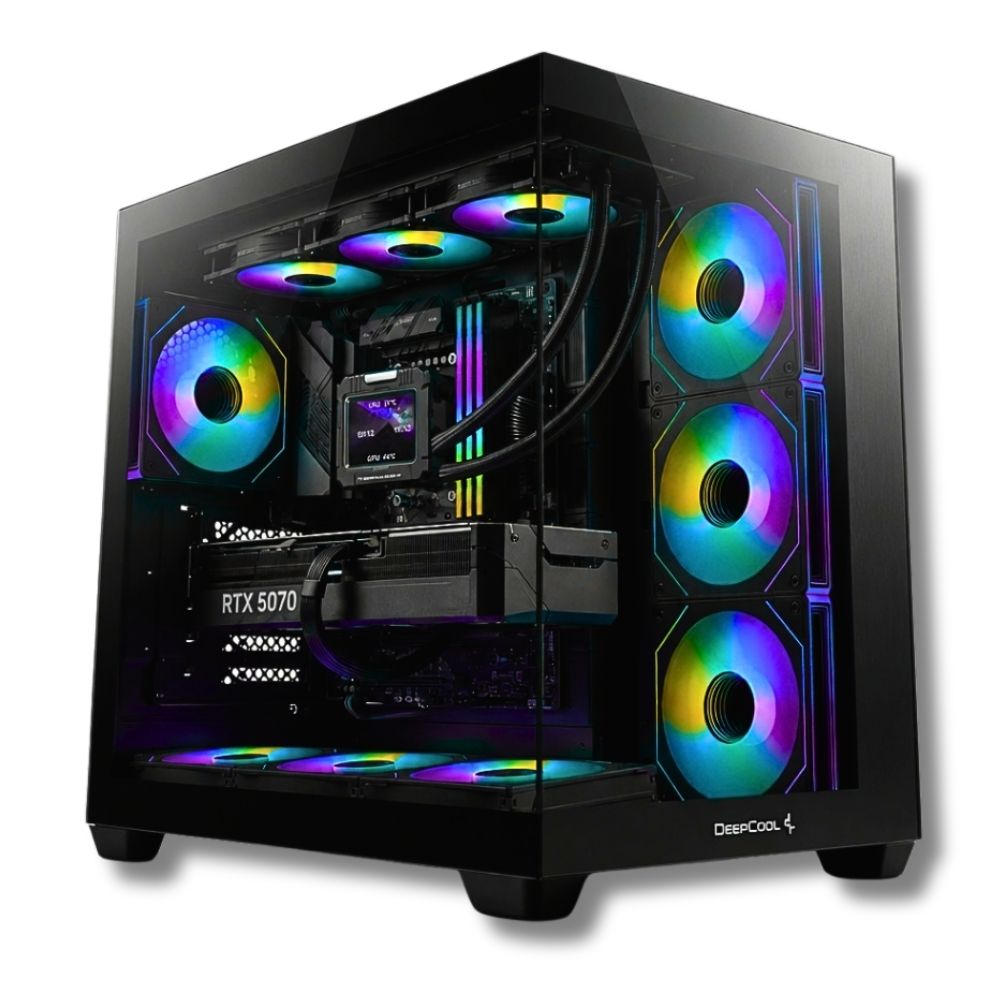 Vista interna del PC ZENDIA Sombrero: scheda video RTX 5070 12GB e processore Ryzen 7 9800X3D con raffreddamento liquido e illuminazione RGB.